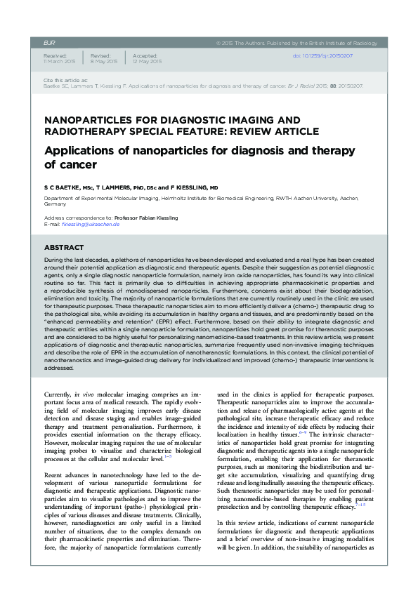 (PDF) Applications of nanoparticles for diagnosis and therapy of cancer