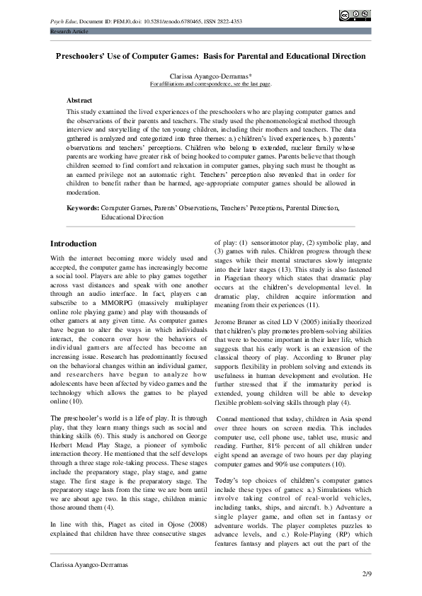 (PDF) Preschoolers' Use of Computer Games Basis for Parental and