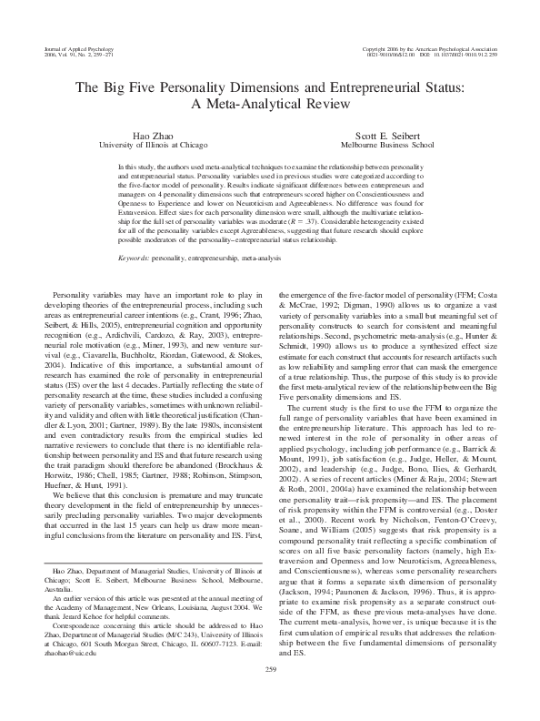 (PDF) The Big Five personality dimensions and entrepreneurial status: A ...