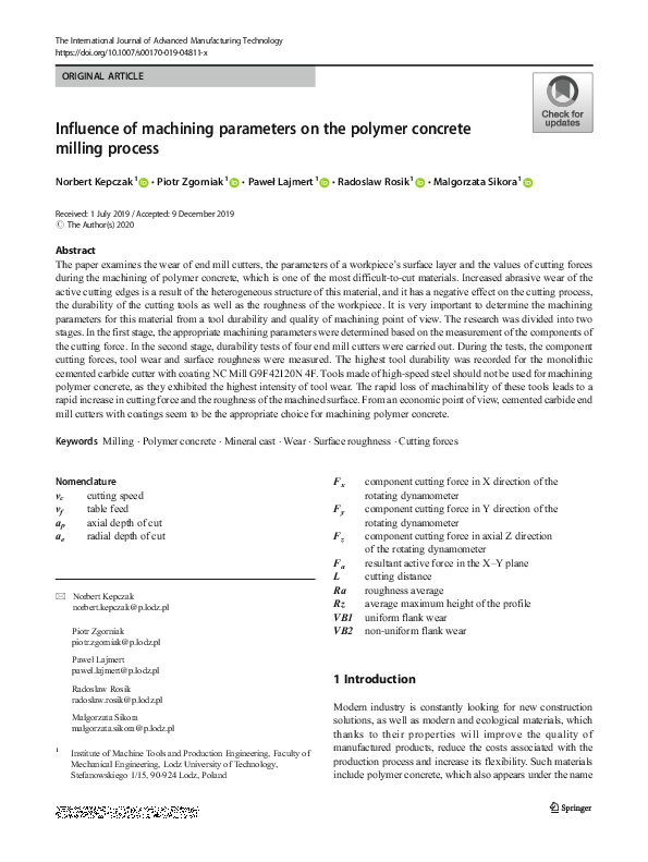 (PDF) Influence of machining parameters on the polymer concrete milling ...