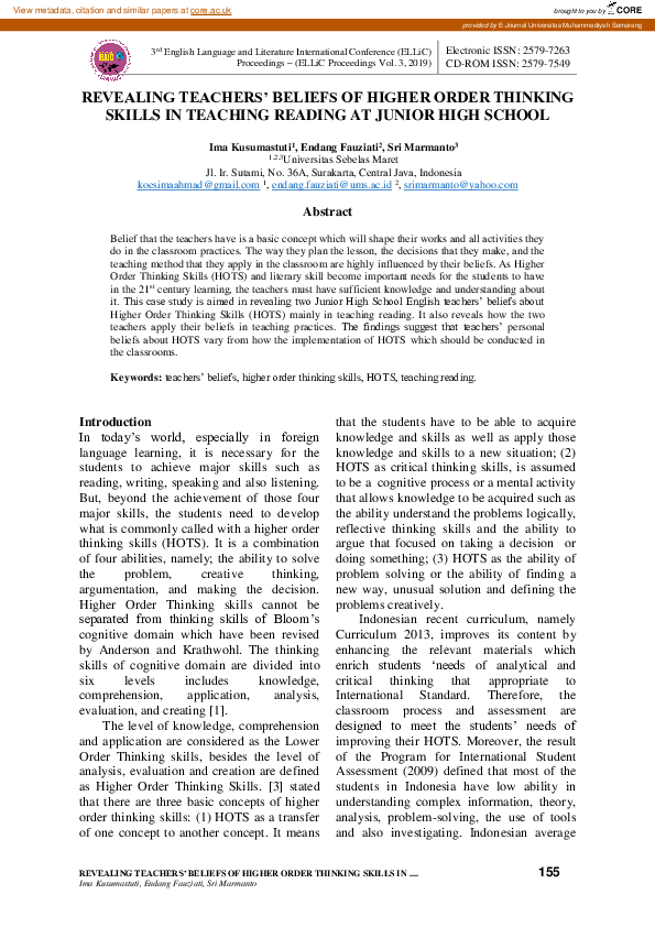 (PDF) Revealing Teachers’ Beliefs of Higher Order Thinking Skills in ...