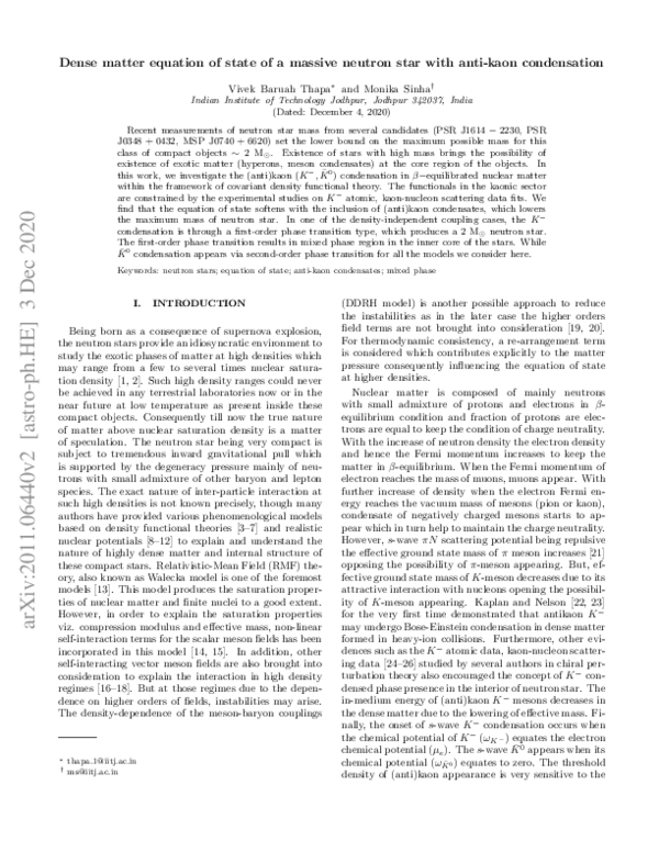 (PDF) Dense matter equation of state of a massive neutron star with ...