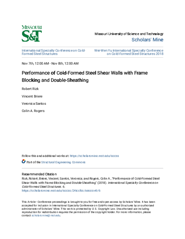 (PDF) Performance of Cold-Formed Steel Shear Walls with Frame Blocking ...