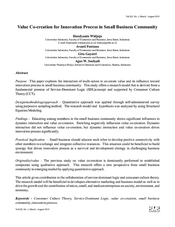 (PDF) Value Co-creation for Innovation Process in Small Business Community