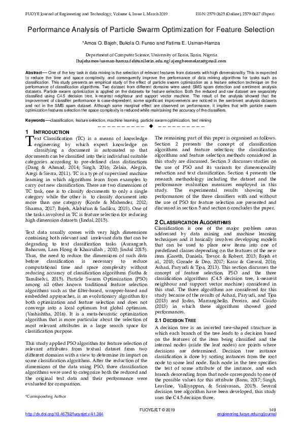(PDF) Performance Analysis of Particle Swarm Optimization for Feature ...