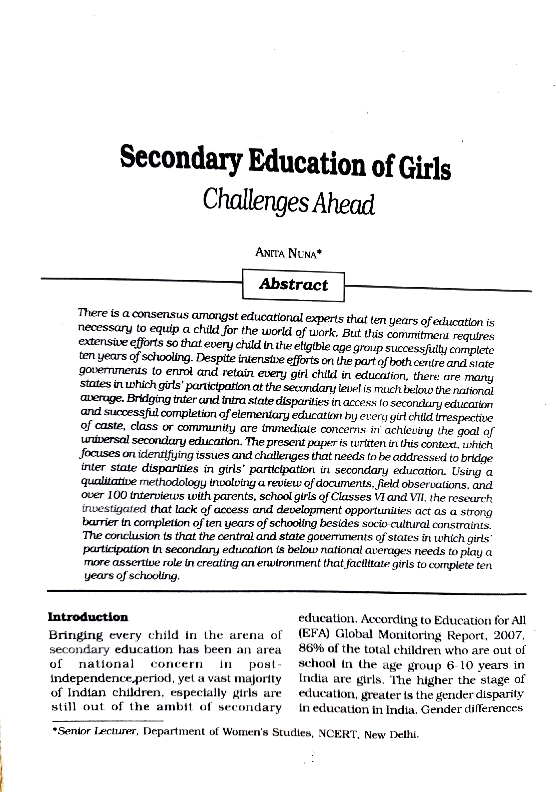 (PDF) Secondary Education of Girls Challenges Ahead