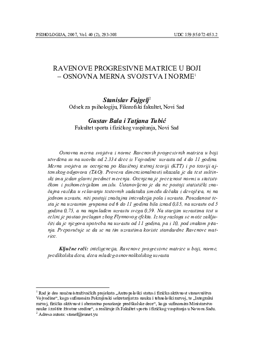 (PDF) Ravenove Progresivne matrice u boji - osnovna merna svojstva i norme