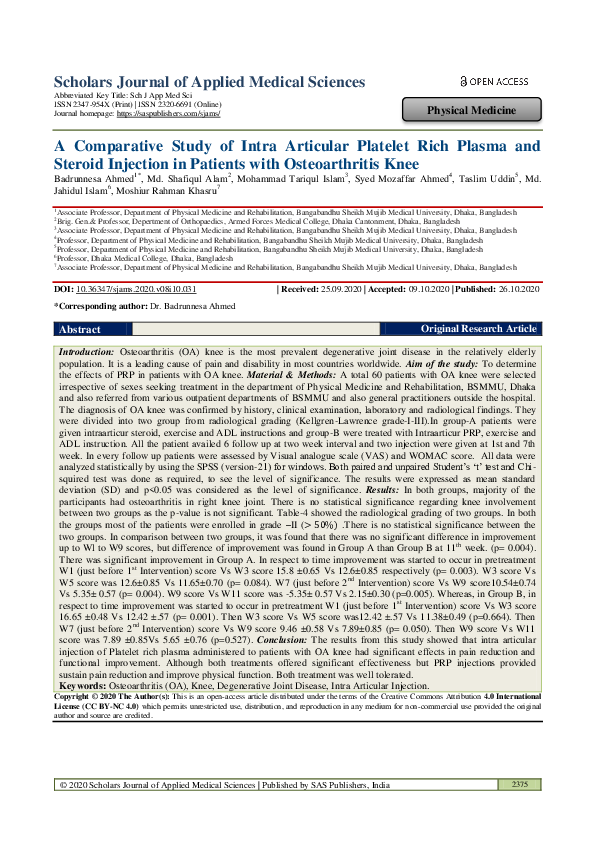 (PDF) A Comparative Study of Intra Articular Platelet Rich Plasma and ...
