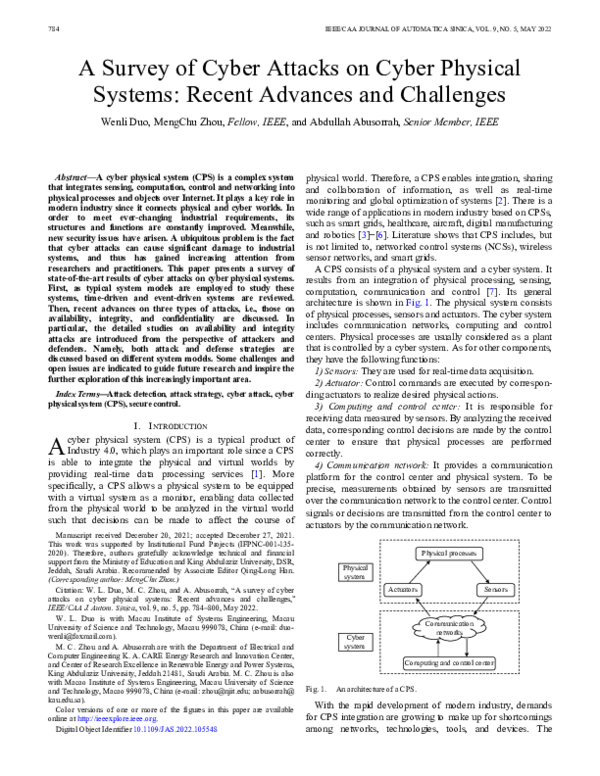PDF) A Survey of Cyber Attacks on Cyber Physical Systems: Recent