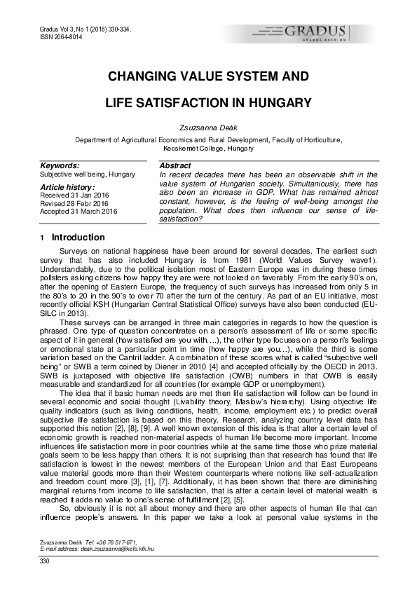 (PDF) Changing Value System and Life Satisfaction In Hungary