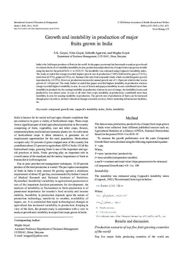 (PDF) Growth and instability in production of major fruits grown in India