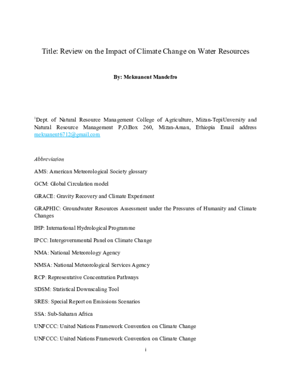(DOC) Title: Review on the Impact of Climate Change on Water Resources