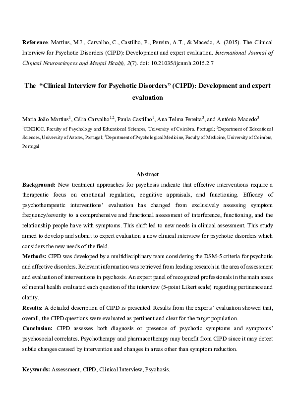 (PDF) The “Clinical Interview for Psychotic Disorders” (CIPD ...
