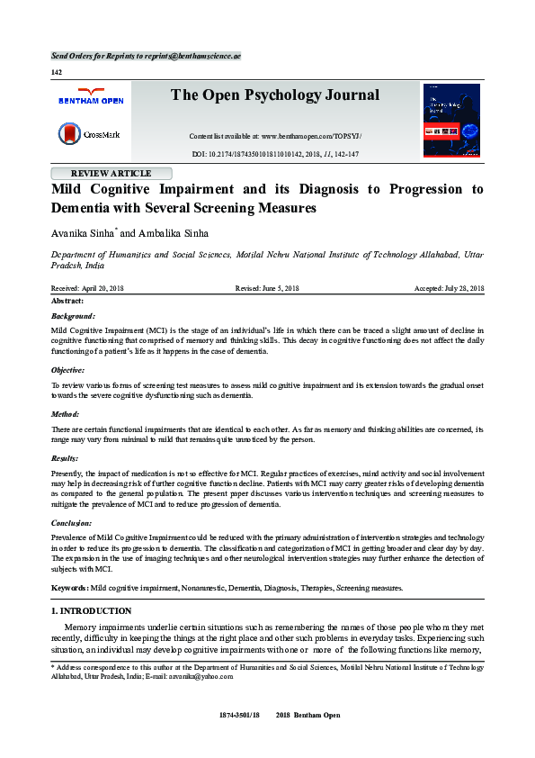 (PDF) Mild Cognitive Impairment and its Diagnosis to Progression to ...