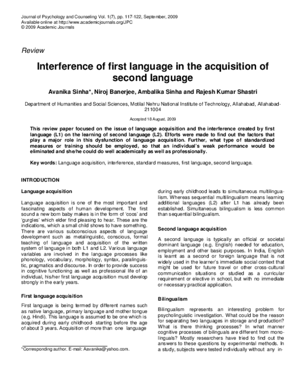 Pdf Interference Of First Language In The Acquisition Of Second Language