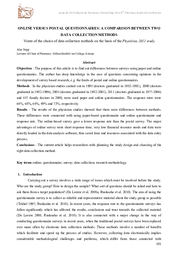 (PDF) Online versus postal questionnaires: a comparison between two ...