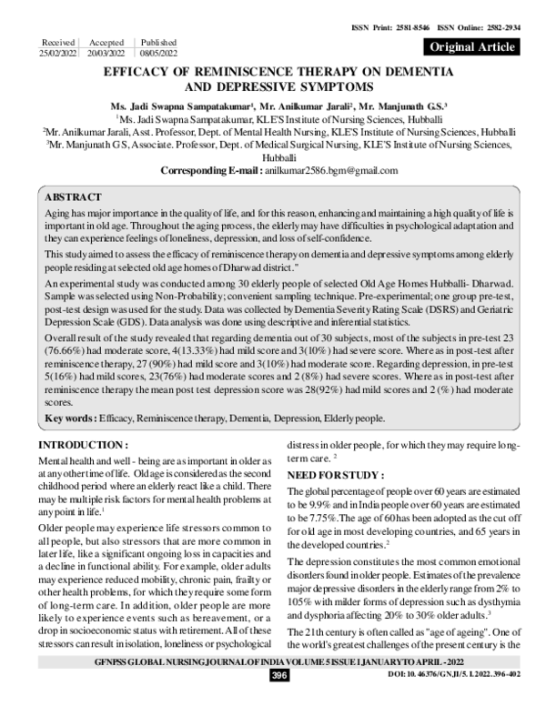 (PDF) EFFICACY OF REMINISCENCE THERAPY ON DEMENTIA AND DEPRESSIVE SYMPTOMS