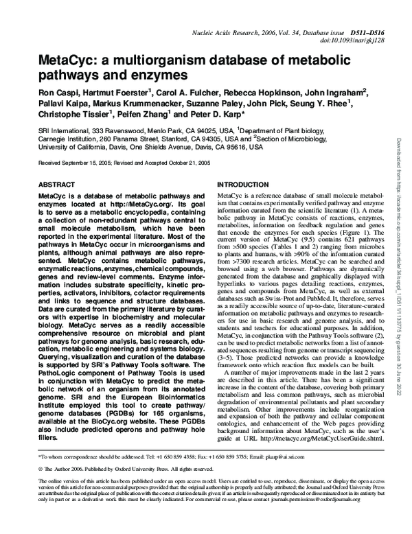 (PDF) MetaCyc: a multiorganism database of metabolic pathways and enzymes