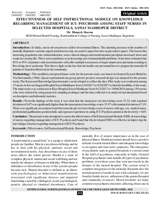 (PDF) EFFECTIVENESS OF SELF INSTRUCTIONAL MODULE ON KNOWLEDGE REGARDING ...