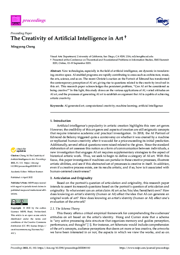 (PDF) The Creativity of Artificial Intelligence in Art