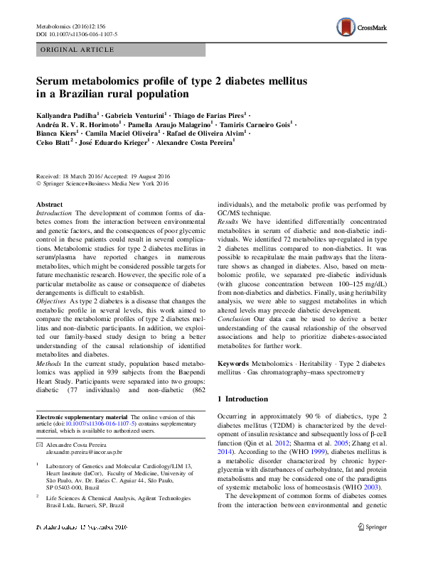 (PDF) Serum metabolomics profile of type 2 diabetes mellitus in a ...