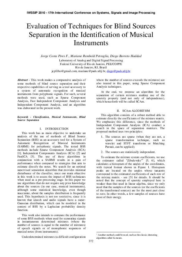 (PDF) Evaluation of Techniques for Blind Sources Separation in the ...