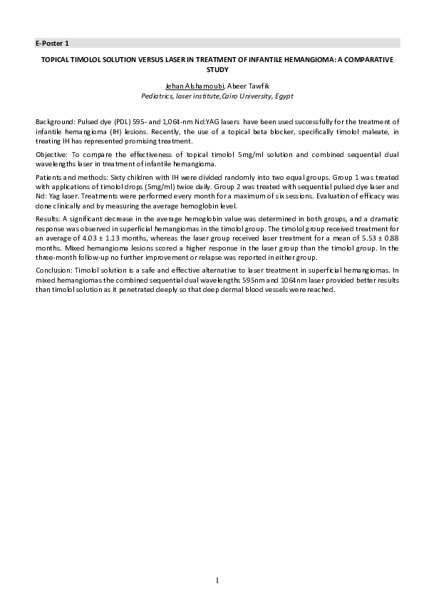 (PDF) Topical Timolol Solution Versus Laser in Treatment of Infantile