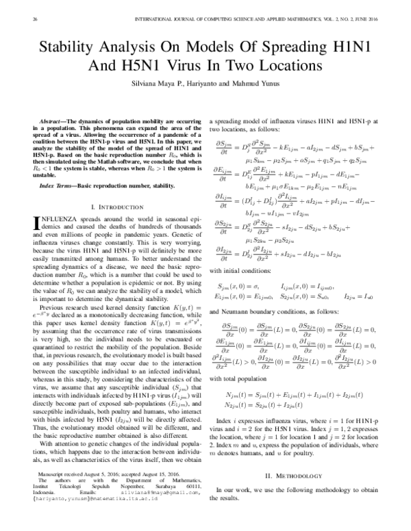 (PDF) Stability Analysis On Models Of Spreading H1N1 And H5N1 Virus In ...