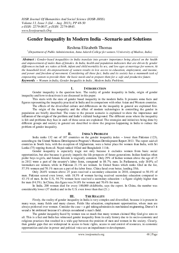 (PDF) Gender Inequality In Modern India –Scenario and Solutions