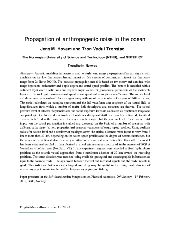 (PDF) Propagation of anthropogenic noise in the ocean