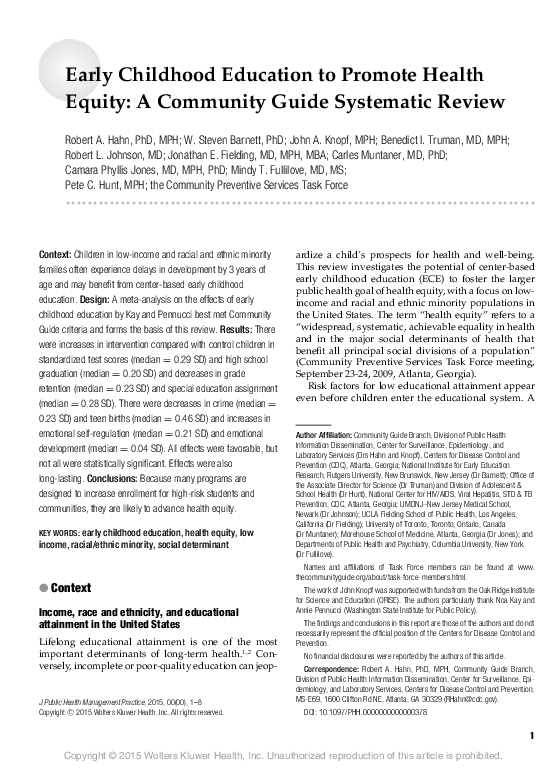 (PDF) Early Childhood Education to Promote Health Equity A Community