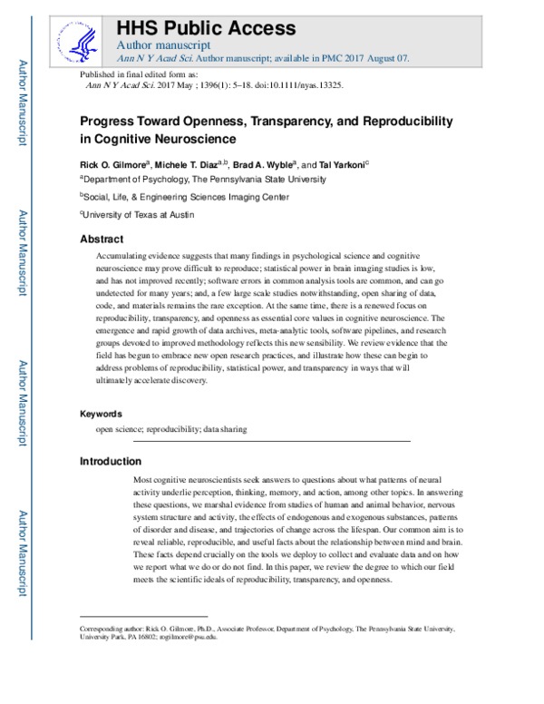 (PDF) Progress toward openness, transparency, and reproducibility in ...