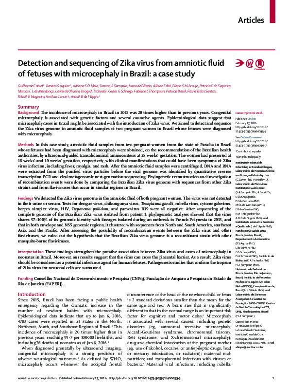 (PDF) Detection and sequencing of Zika virus from amniotic fluid of ...