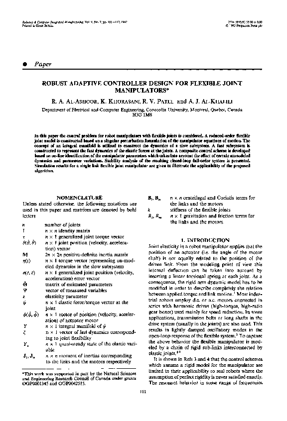 (PDF) Robust adaptive controller design for flexible joint manipulators