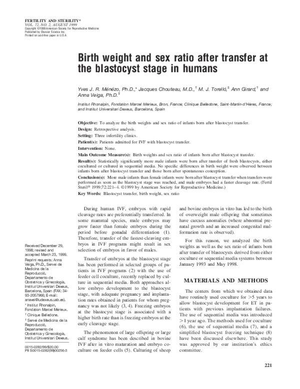 (PDF) Birth weight and sex ratio after transfer at the blastocyst stage ...