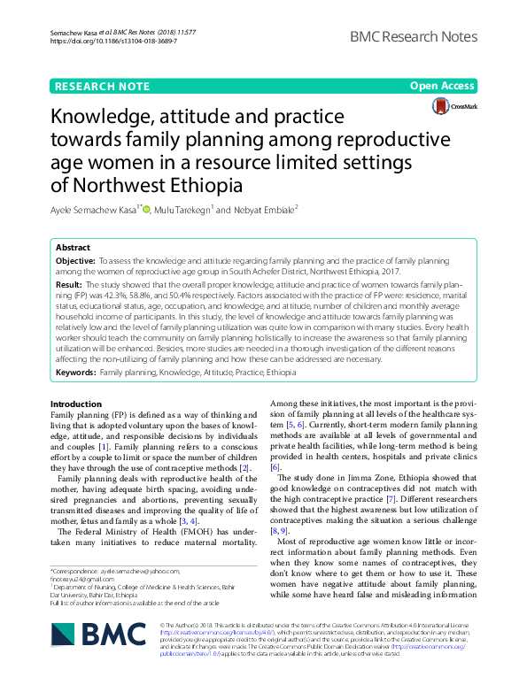 (PDF) Knowledge, attitude and practice towards family planning among ...