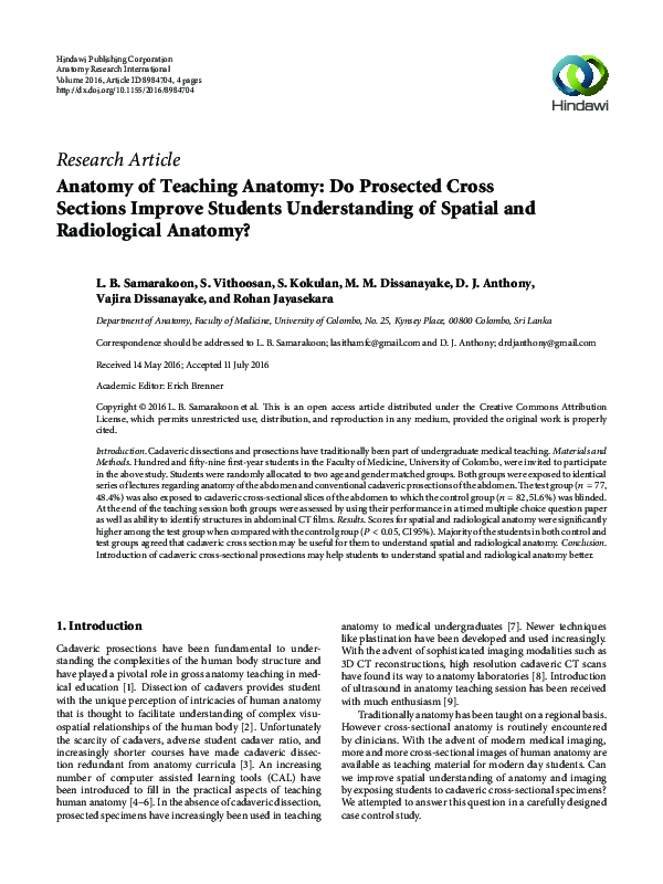 (PDF) Anatomy of Teaching Anatomy: Do Prosected Cross Sections Improve ...