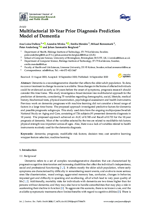 (PDF) Multifactorial 10-Year Prior Diagnosis Prediction Model of Dementia