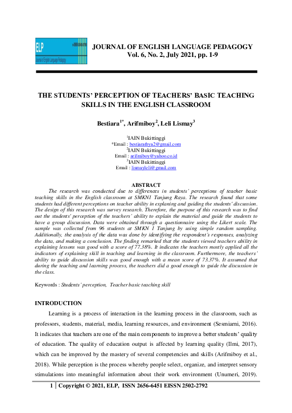  pdf the students perception on teachers basic teaching skills in