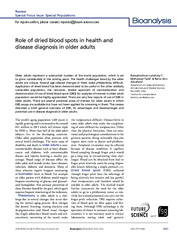 (PDF) Role of dried blood spots in health and disease diagnosis in ...