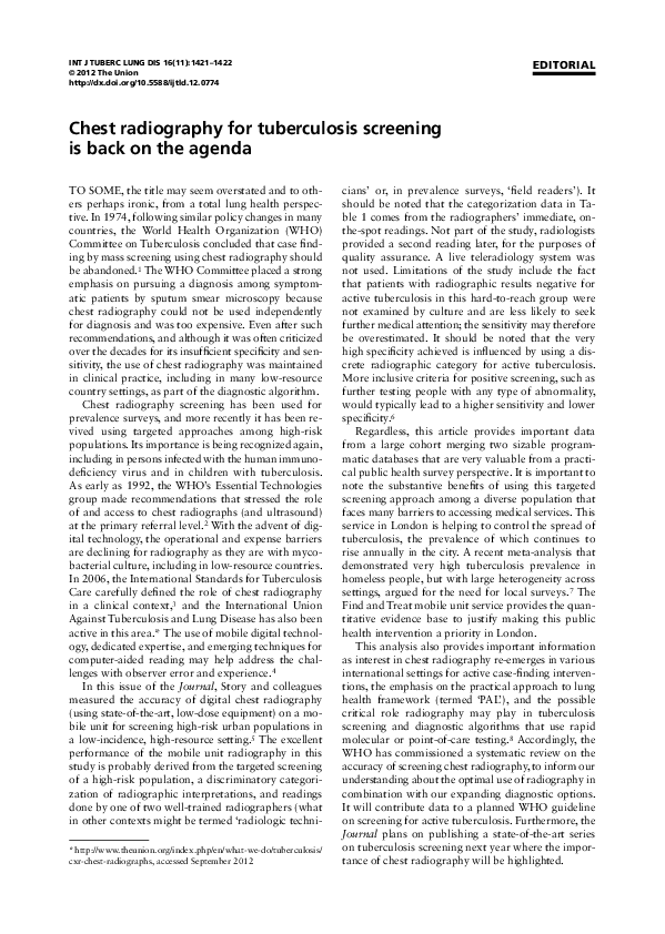 (PDF) Chest radiography for tuberculosis screening is back on the ...