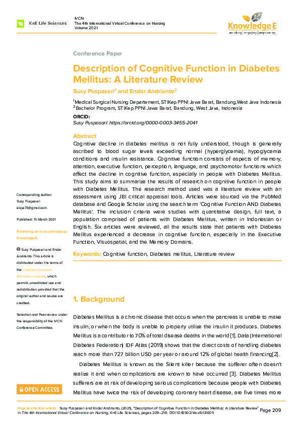 (PDF) Description of Cognitive Function in Diabetes Mellitus: A ...