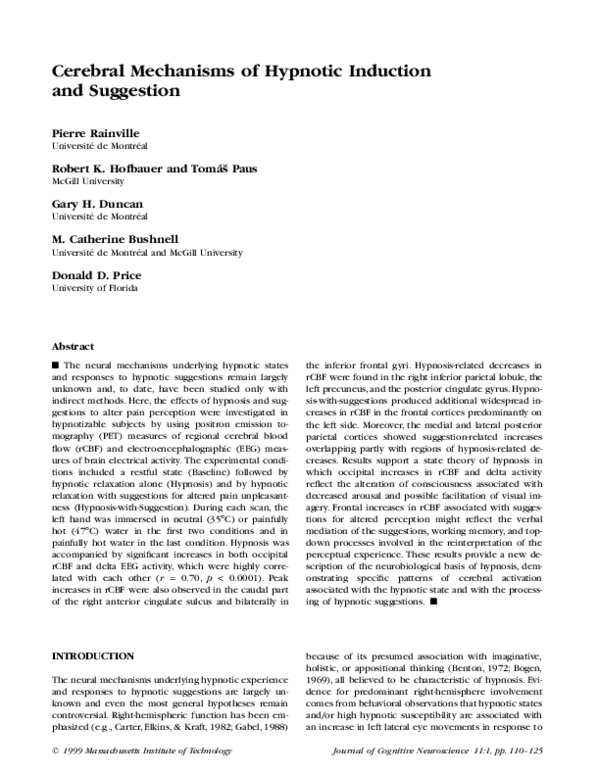 (PDF) Cerebral Mechanisms of Hypnotic Induction and Suggestion