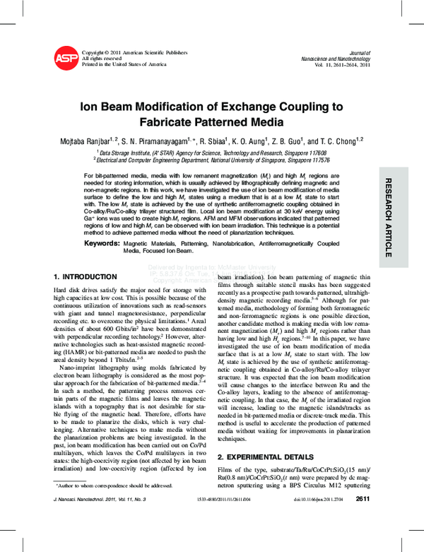 (PDF) Ion Beam Modification of Exchange Coupling to Fabricate Patterned ...