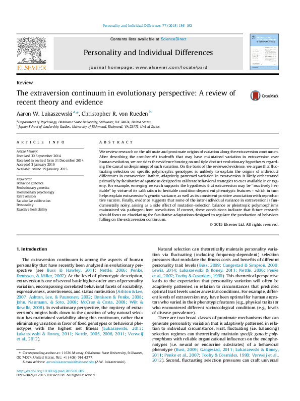 (PDF) The extraversion continuum in evolutionary perspective: A review ...