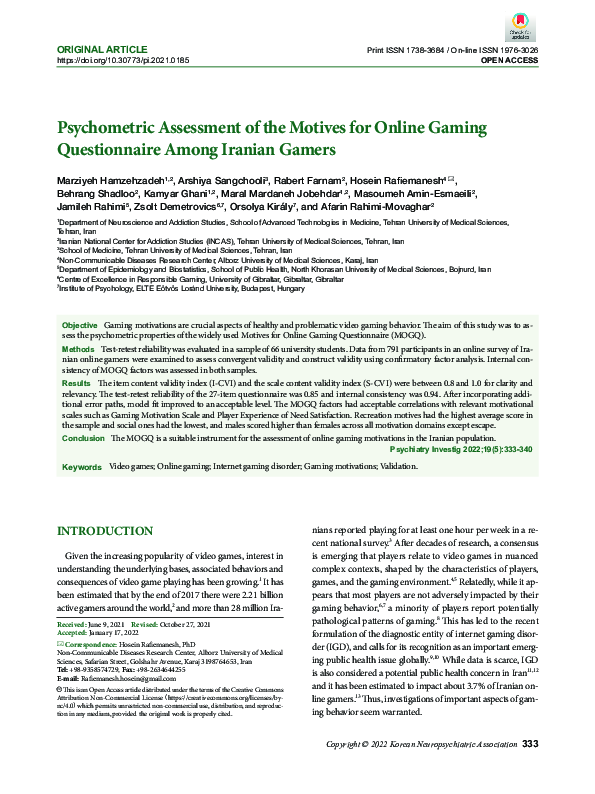 (PDF) Psychometric Assessment of the Motives for Online Gaming ...