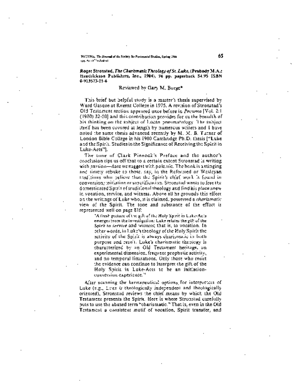 (PDF) Roger Stronstad, The Charismatic Theology ofSt. Luke, (Peabody M ...