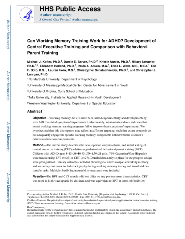 (PDF) Can working memory training work for ADHD? Development of central ...