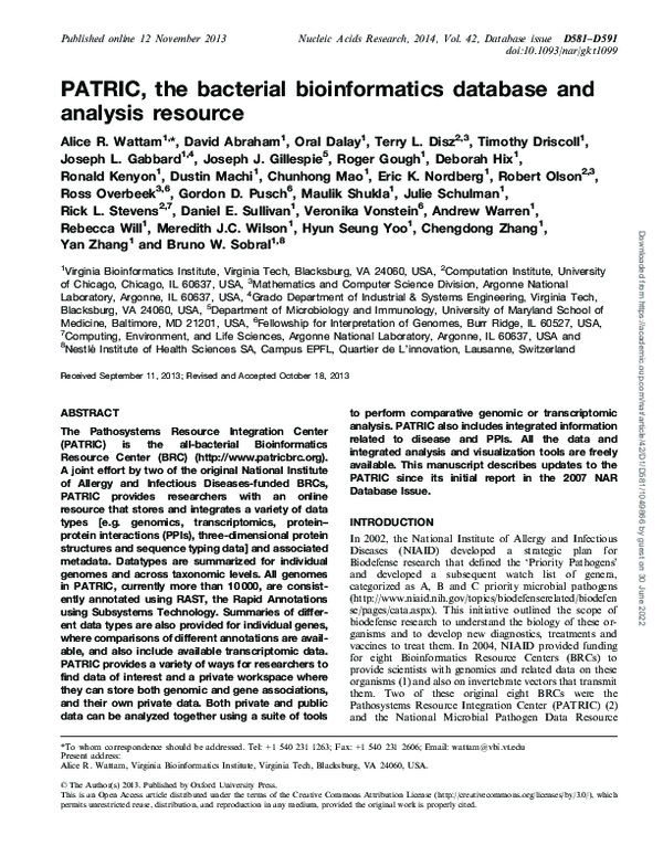 (PDF) PATRIC, the bacterial bioinformatics database and analysis resource