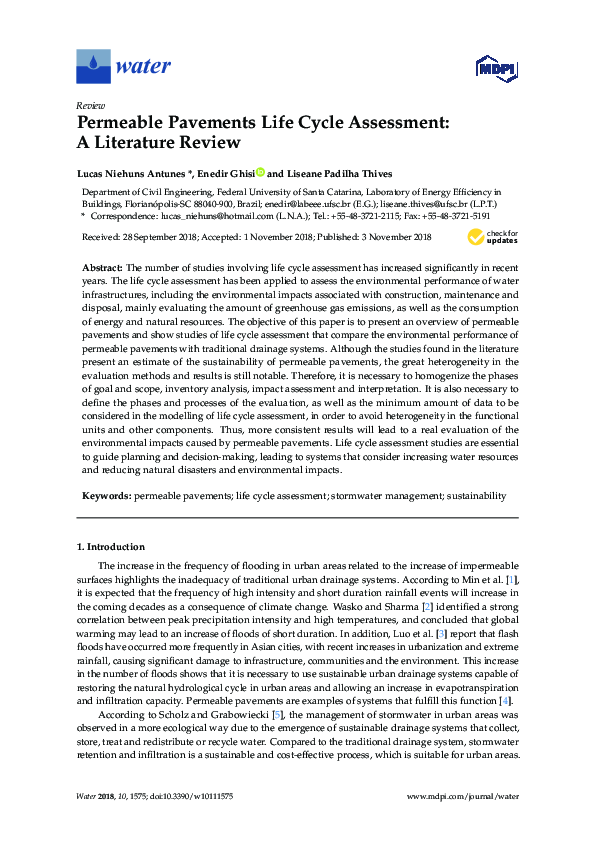 (PDF) Permeable Pavements Life Cycle Assessment: A Literature Review